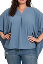 Zenana Plus Size Monterey Bay Dusty Blue Puff Sleeve V - Neck Top - Wholesale Accessory Market