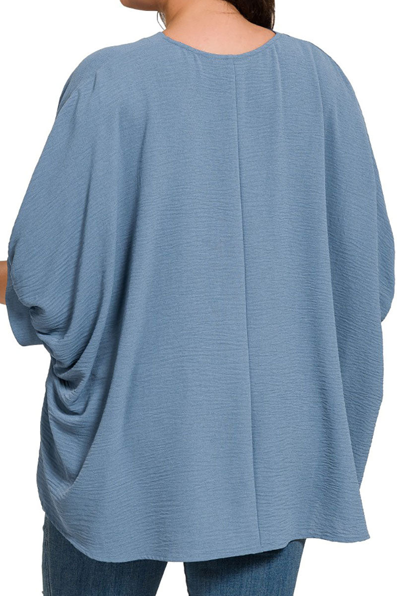 Zenana Plus Size Monterey Bay Dusty Blue Puff Sleeve V - Neck Top - Wholesale Accessory Market