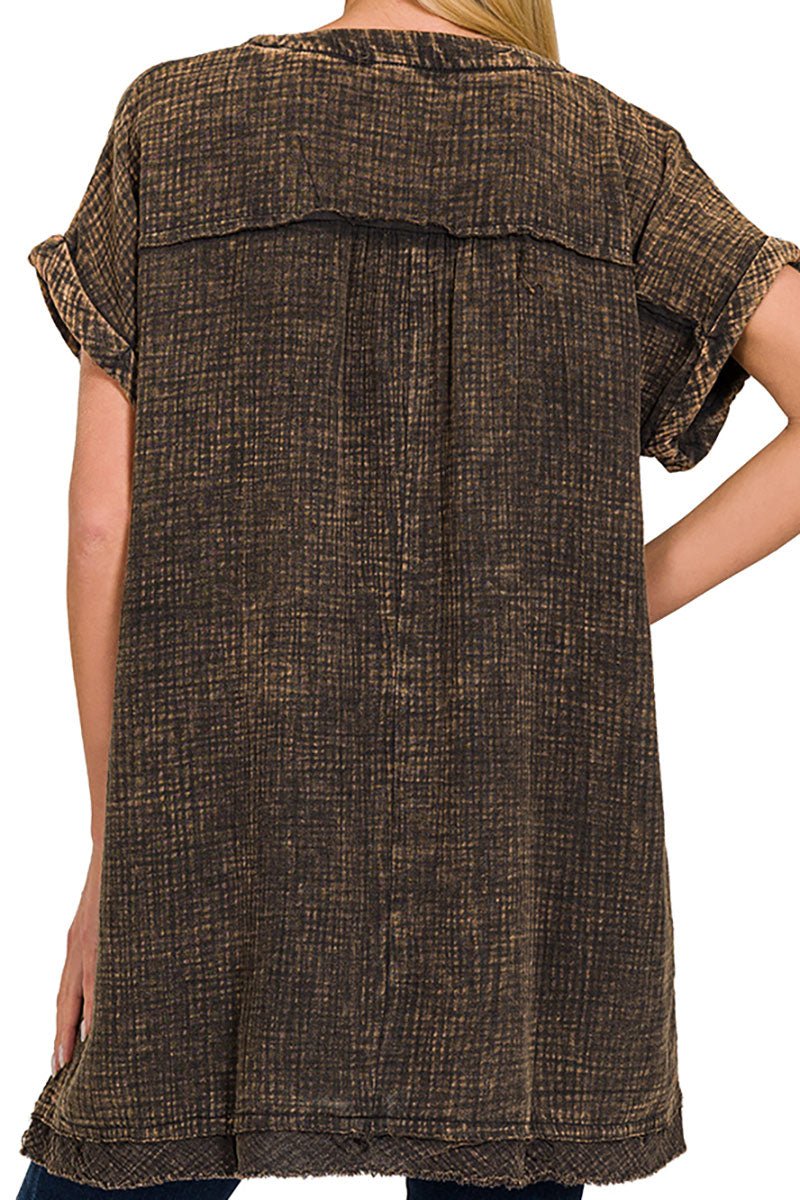 Zenana Cherry Grove Brown Washed Gauze V - Neck Dress - Wholesale Accessory Market