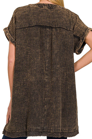 Zenana Cherry Grove Brown Washed Gauze V - Neck Dress - Wholesale Accessory Market