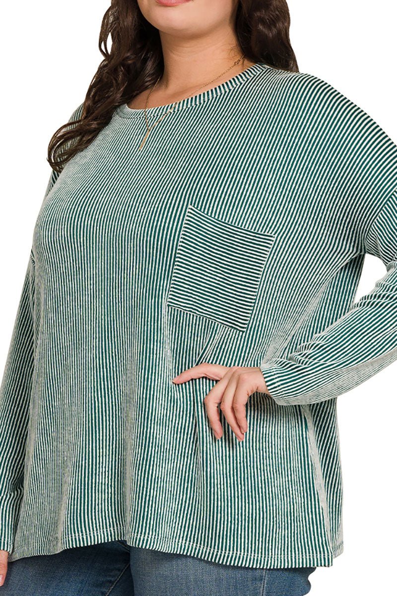 Zenana Plus Size Fall Festival Dark Green Oversized Striped Top - Wholesale Accessory Market