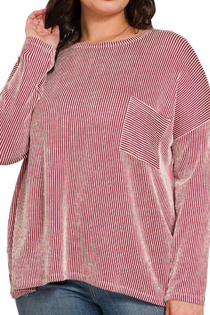 Zenana Plus Size Fall Festival Dark Red Oversized Striped Top - Wholesale Accessory Market