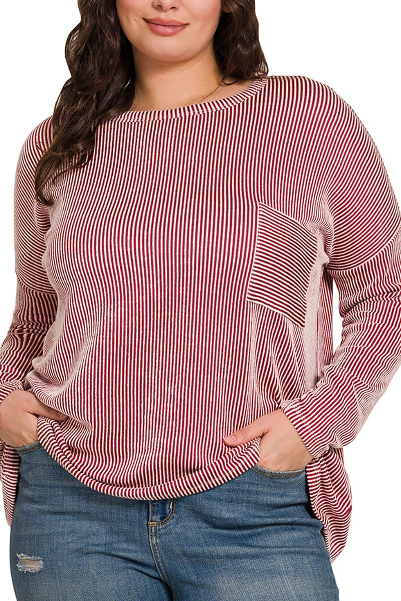 Zenana Plus Size Fall Festival Dark Red Oversized Striped Top - Wholesale Accessory Market