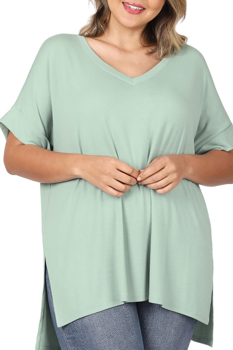 Zenana Plus Size Dusty Green Rolled Short Sleeve V - Neck Top - Wholesale Accessory Market