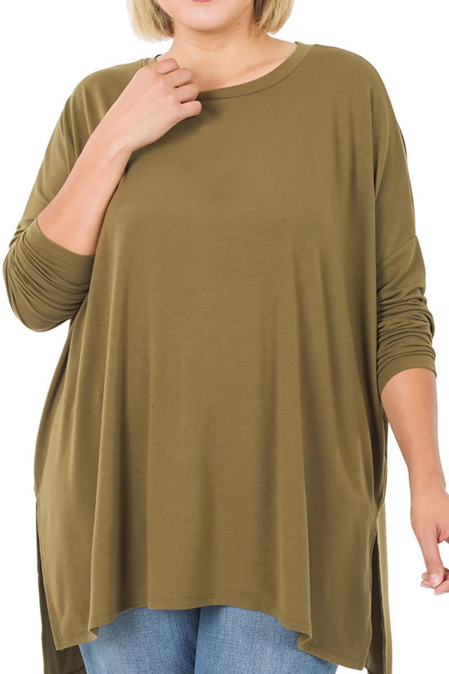 Zenana Plus Size Dusty Olive Dolman Sleeve Hi - Low Top with Side Slits - Wholesale Accessory Market