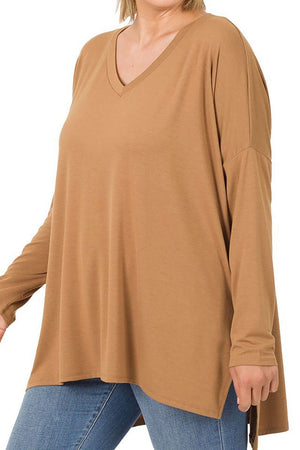 Zenana Plus Size Deep Camel Long Sleeve V - Neck Dolman Top with Side Slits - Wholesale Accessory Market