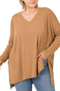 Zenana Plus Size Deep Camel Long Sleeve V - Neck Dolman Top with Side Slits - Wholesale Accessory Market