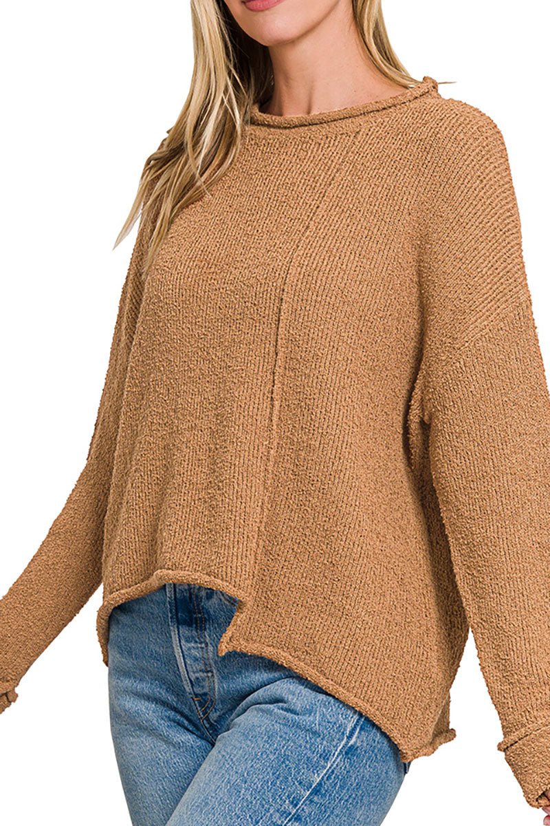 Zenana Falling For You Deep Camel Asymmetric Hem Sweater - Wholesale Accessory Market