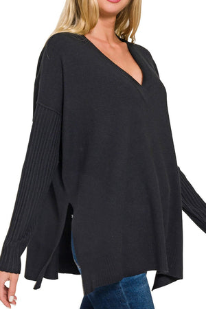 Zenana Maine Moment Black Ribbed Hem & Sleeve V - Neck Sweater - Wholesale Accessory Market