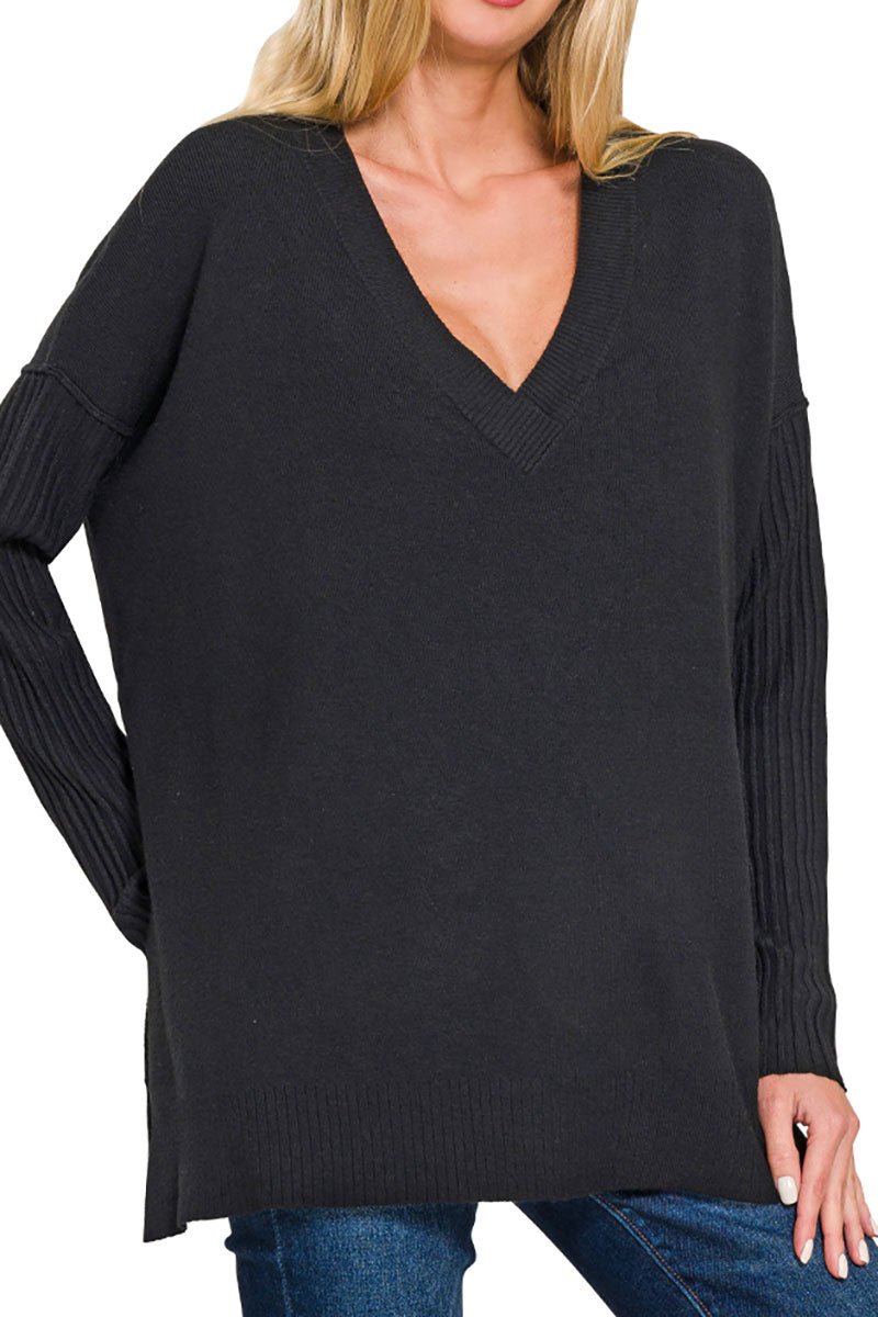 Zenana Maine Moment Black Ribbed Hem & Sleeve V - Neck Sweater - Wholesale Accessory Market