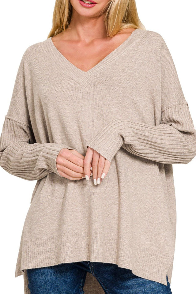 Zenana Maine Moment Heather Mocha Ribbed Hem & Sleeve V - Neck Sweater - Wholesale Accessory Market