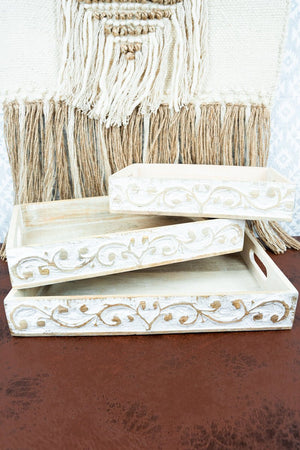 Laina Wood Carved Serving Tray 3 Piece Set - Wholesale Accessory Market