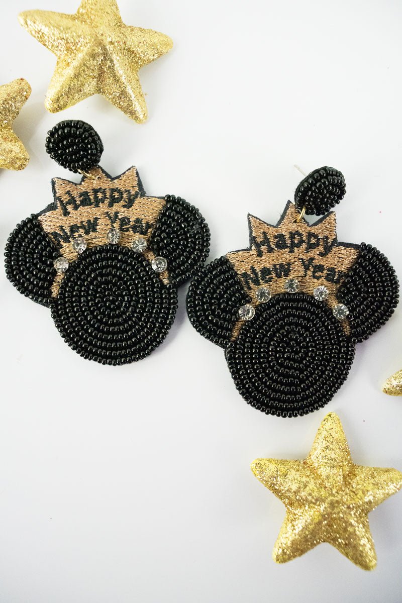 Black and Gold Happy New Year Earrings - Wholesale Accessory Market