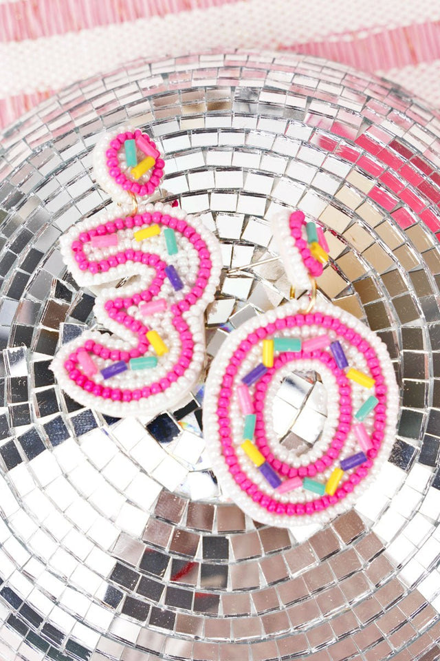 Birthday '30' Pink and White Seed Bead Earrings - Wholesale Accessory Market