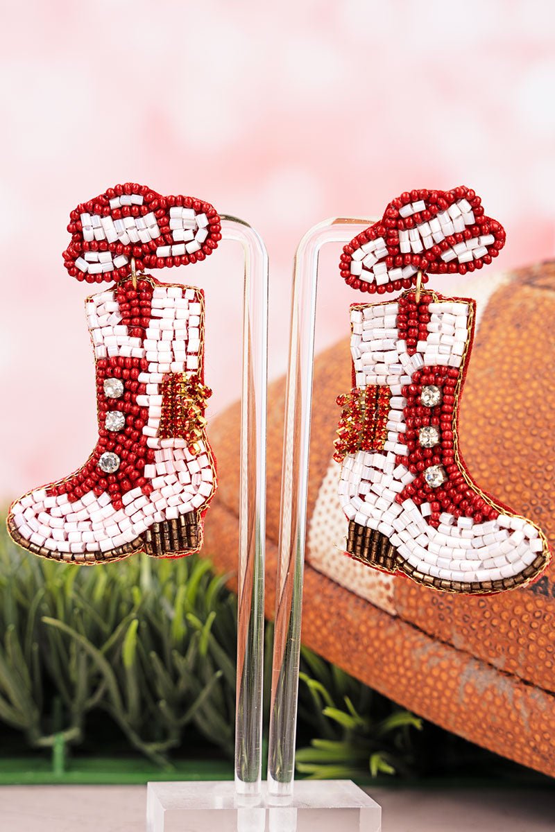 Twirling Into Gameday Burgundy and White Boots Seed Bead Earrings - Wholesale Accessory Market