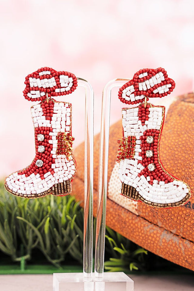 Twirling Into Gameday Red and White Boots Seed Bead Earrings - Wholesale Accessory Market