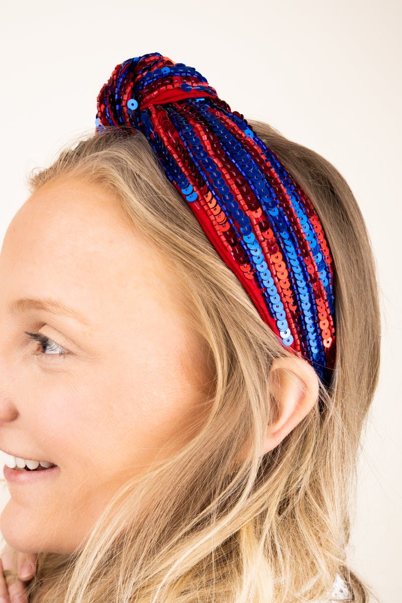 Blue and White Sequin Headband Seed Bead Blue Knotted 