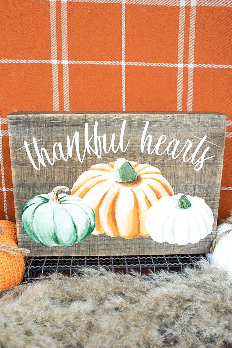 8.5 x 12 'Thankful Hearts' Pumpkin Trio Wood Box Sign - Wholesale Accessory Market