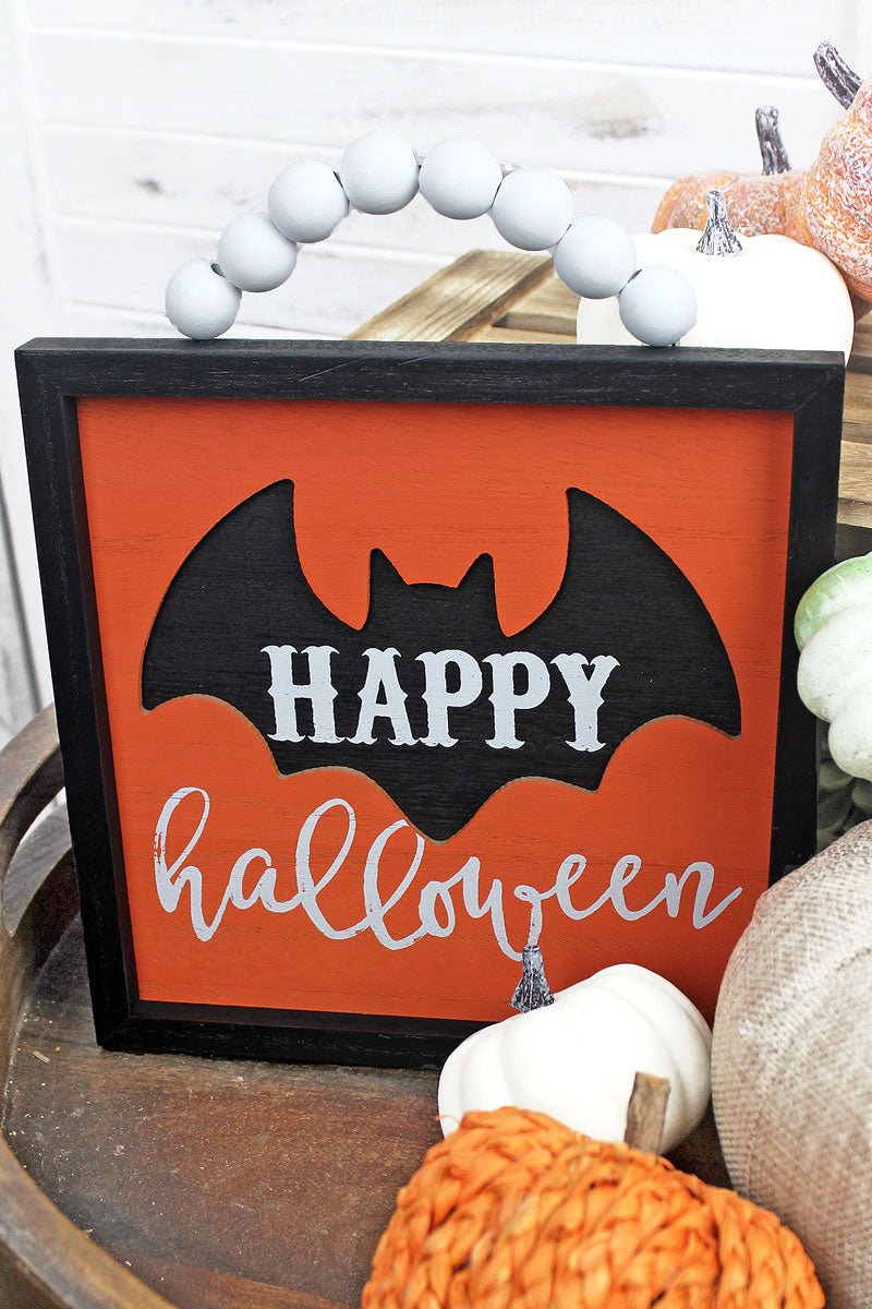 8 x 8 'Happy Halloween' Bat Wood Beaded Wall Sign - Wholesale Accessory Market