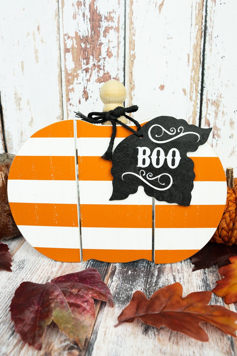 8 x 9 'Boo' Orange Stripe Tabletop Slat Pumpkin - Wholesale Accessory Market