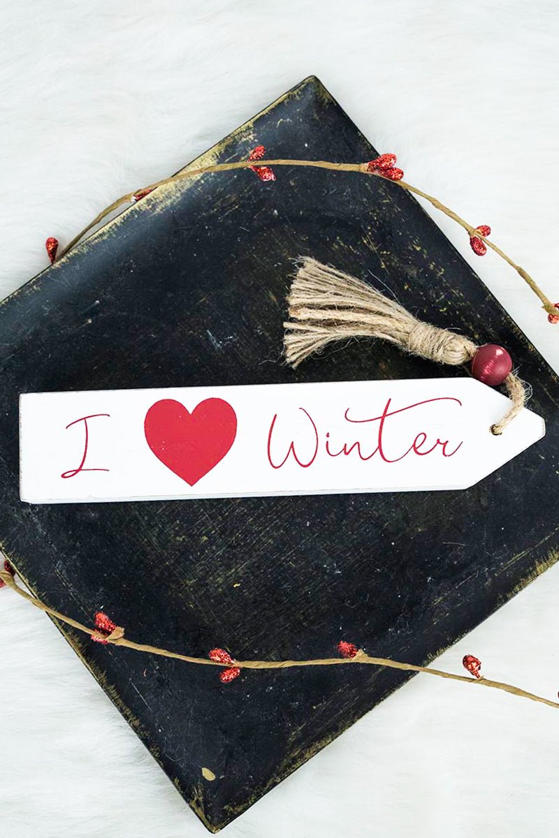 1.5 x 11 'I Heart Winter' Wood Tassel Block Sign - Wholesale Accessory Market