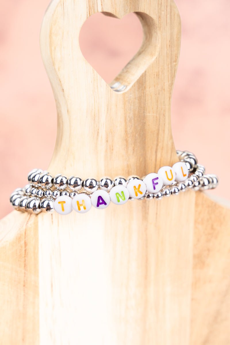 Tiled Letter 'Thankful' Silvertone Beaded Bracelet Set - Wholesale Accessory Market