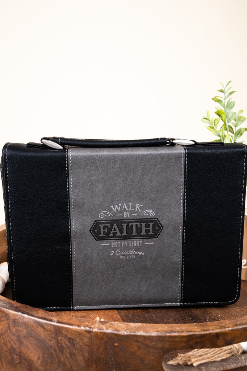 Walk by Faith Black and Gray LuxLeather Large Bible Cover - Wholesale Accessory Market