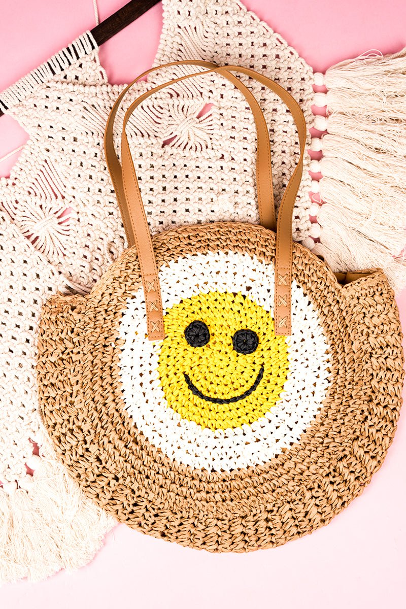 Happy Summer Day Round Straw Tote, Natural
