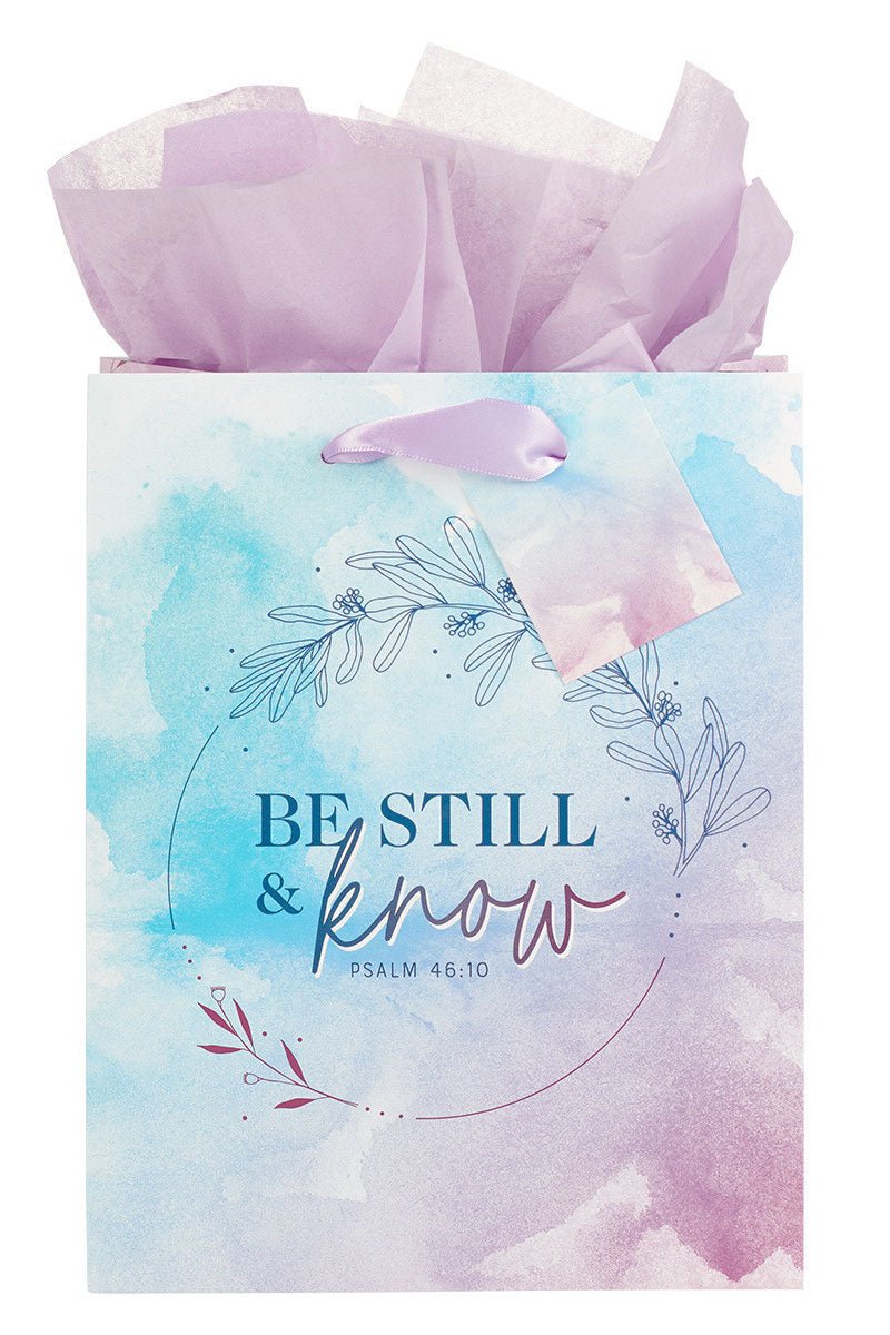 Be Still & Know Lilac and Blue Watercolor Floral Medium Gift Bag - Wholesale Accessory Market