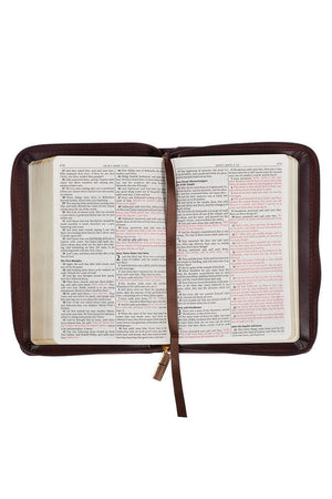 Burgundy and Saddle Tan Faux Leather KJV Zippered Compact Bible - Wholesale Accessory Market