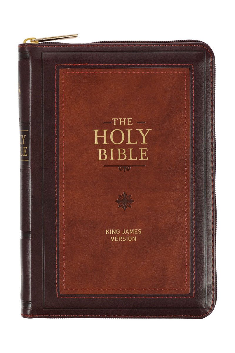 Burgundy and Saddle Tan Faux Leather KJV Zippered Compact Bible - Wholesale Accessory Market