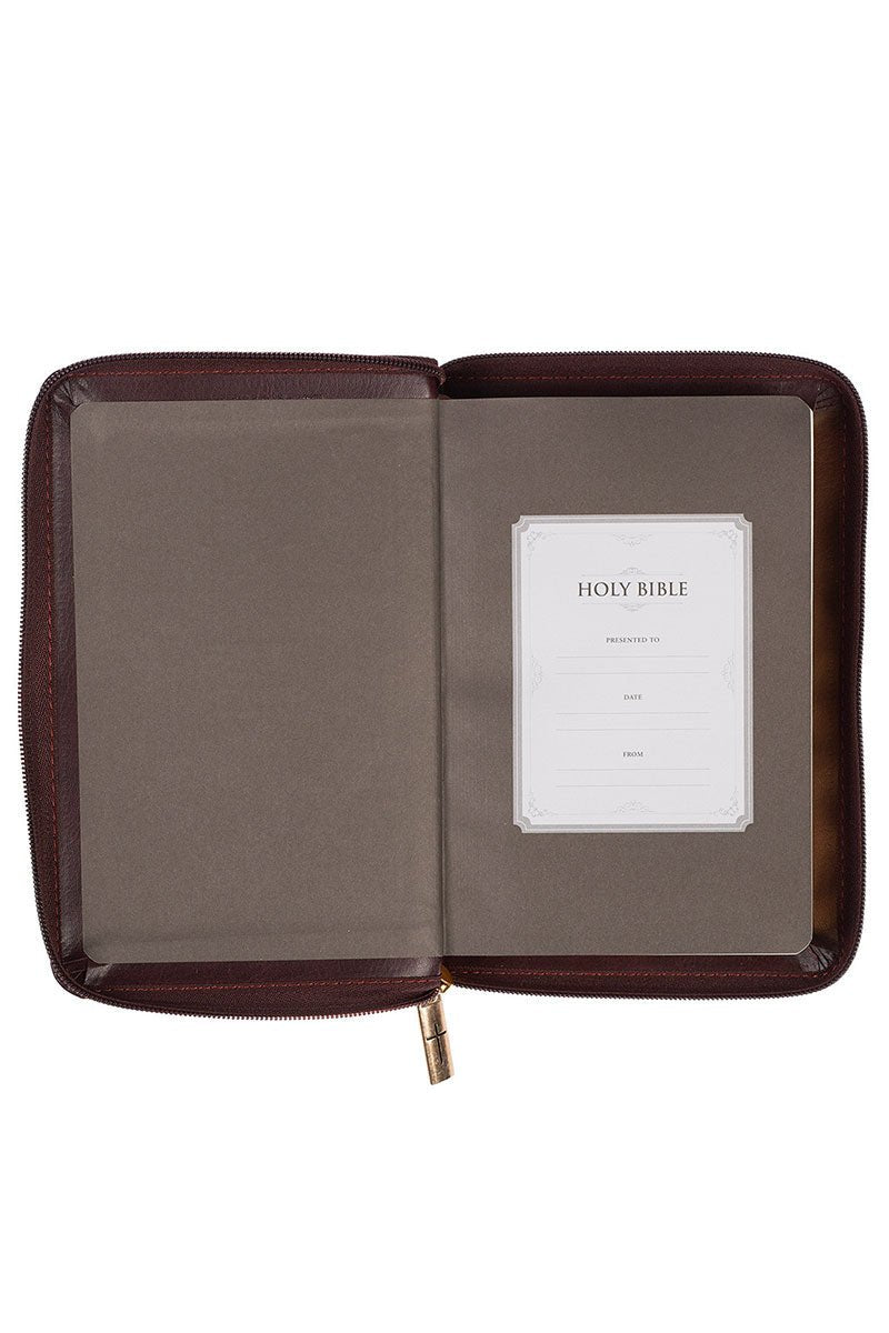 Burgundy and Saddle Tan Faux Leather KJV Zippered Compact Bible - Wholesale Accessory Market