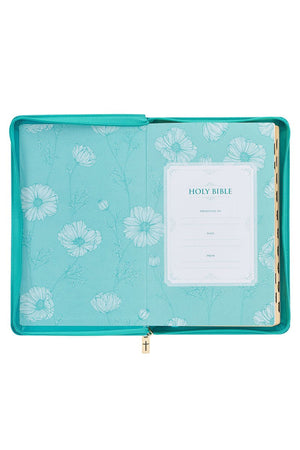 Teal Floral Faux Leather Zippered KJV Deluxe Gift Bible with Thumb Index - Wholesale Accessory Market