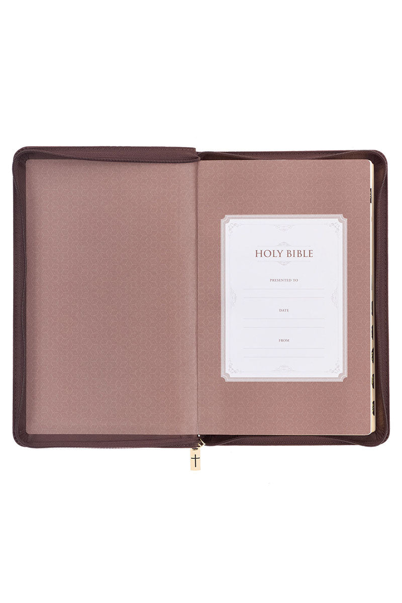 Espresso Lion Faux Leather Zippered KJV Deluxe Gift Bible with Thumb Index - Wholesale Accessory Market