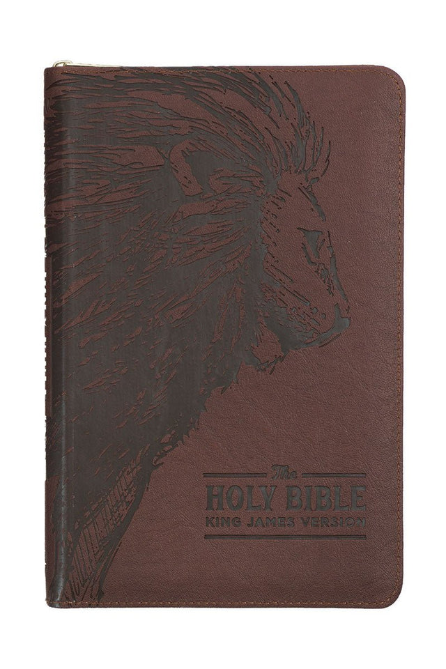 Espresso Lion Faux Leather Zippered KJV Deluxe Gift Bible with Thumb Index - Wholesale Accessory Market