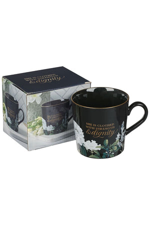 Strength & Dignity Black Floral Mug - Wholesale Accessory Market