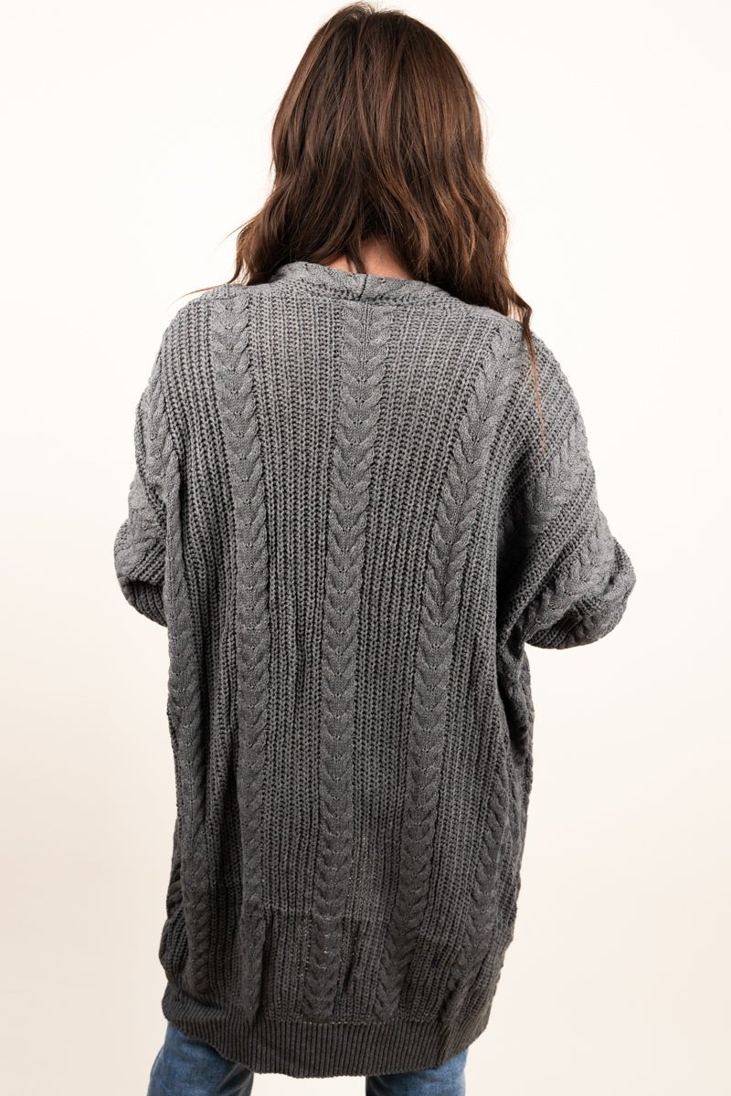 Be Clever Alaskan Way Cable Knit Pocket Cardigan, Charcoal Gray - Wholesale Accessory Market