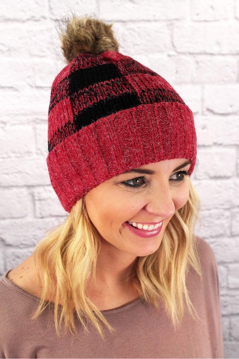 L.I.B. New York Buffalo Plaid Fleece Lined Pom Pom Beanie, Red - Wholesale Accessory Market