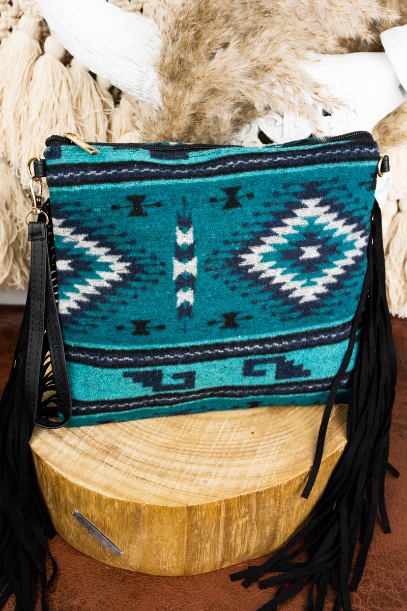 L.I.B. New York Alamosa Fringe Crossbody Clutch, Teal - Wholesale Accessory Market