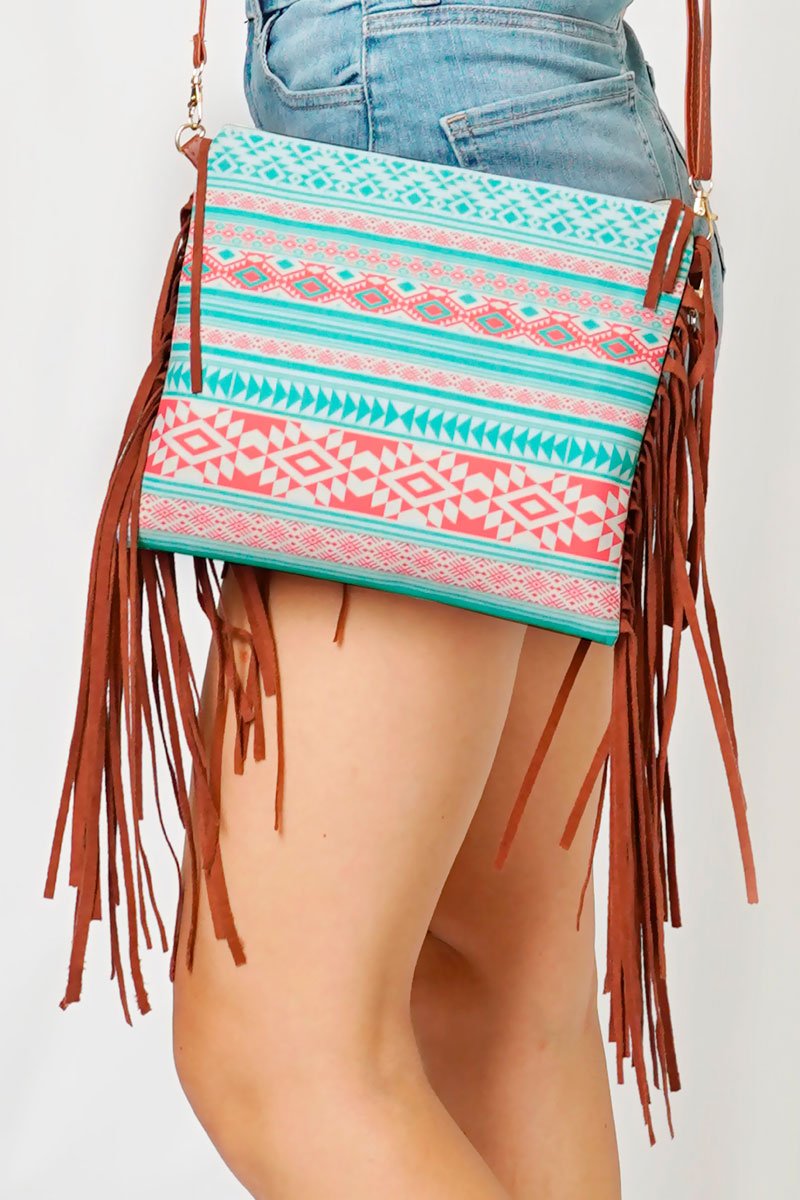 Fire Wave Fringe Crossbody Clutch, Turquoise | Wholesale Accessory Market