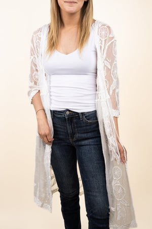 L.I.B. New York Romantic Dreamcatcher Lace Kimono, White - Wholesale Accessory Market