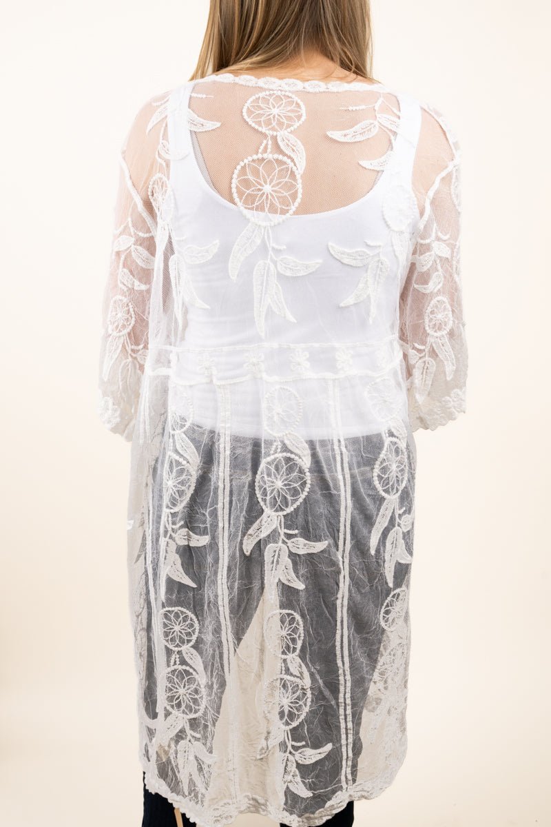 L.I.B. New York Romantic Dreamcatcher Lace Kimono, White - Wholesale Accessory Market