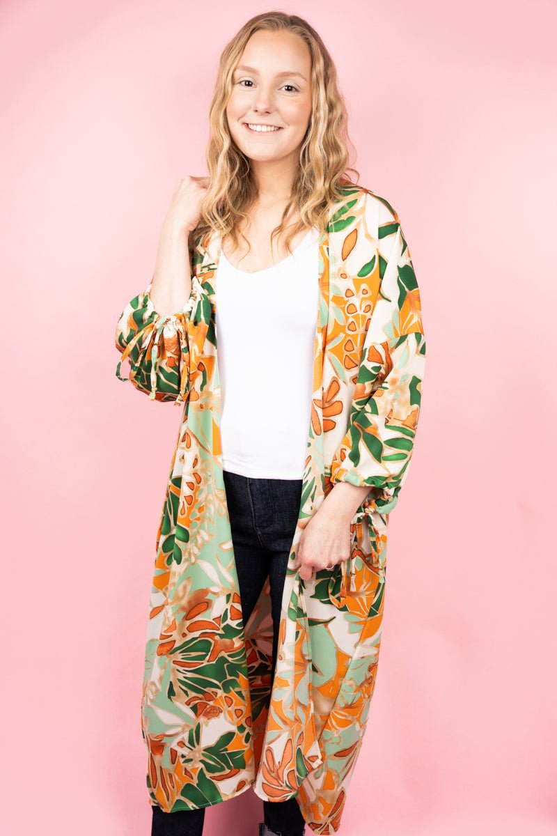 L.I.B. New York Tropical Shoreline Kimono, Green/Orange - Wholesale Accessory Market