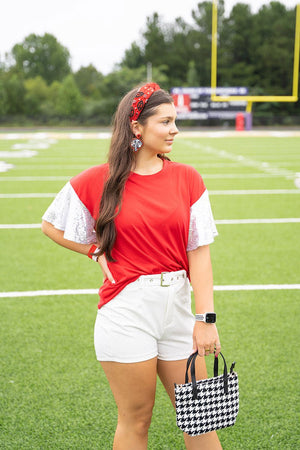 PRE-ORDER! Winning Season Crimson and White Sequin Sleeve Shirt **EXPECTED SHIP DATE 9/5** - Wholesale Accessory Market