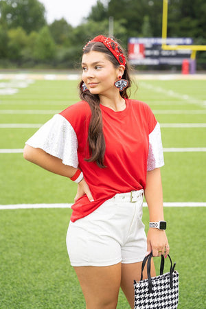 PRE-ORDER! Winning Season Crimson and White Sequin Sleeve Shirt **EXPECTED SHIP DATE 9/5** - Wholesale Accessory Market