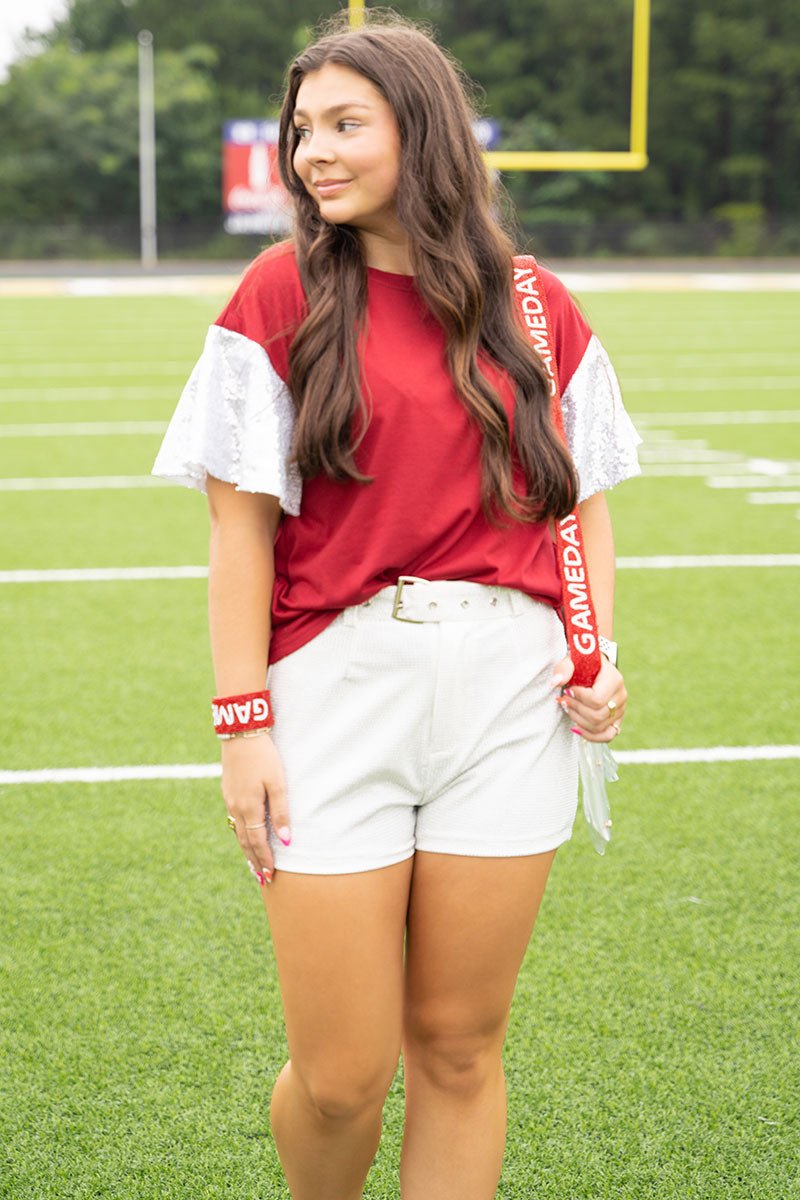 PRE-ORDER! Winning Season Maroon and White Sequin Sleeve Shirt **EXPECTED SHIP DATE 9/5** - Wholesale Accessory Market