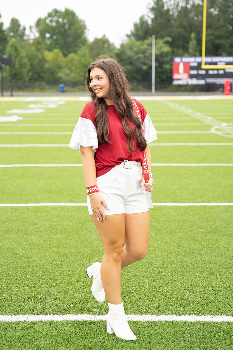 PRE-ORDER! Winning Season Maroon and White Sequin Sleeve Shirt **EXPECTED SHIP DATE 9/5** - Wholesale Accessory Market