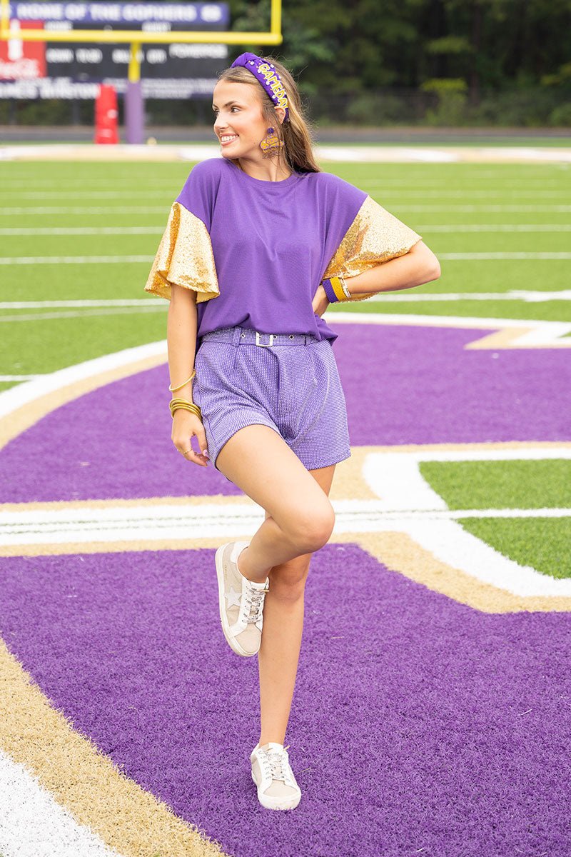 Winning Season Purple and Gold Sequin Sleeve Shirt