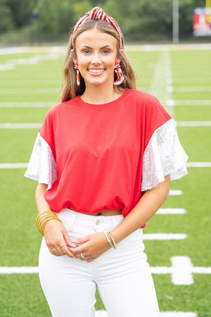 PRE-ORDER! Winning Season Red and White Sequin Sleeve Shirt **EXPECTED SHIP DATE 9/5** - Wholesale Accessory Market