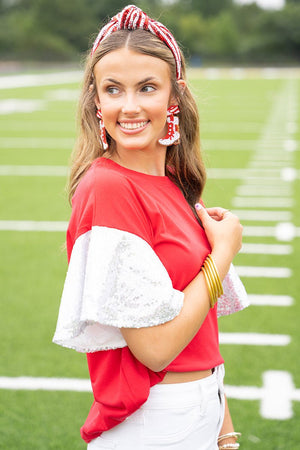 PRE-ORDER! Winning Season Red and White Sequin Sleeve Shirt **EXPECTED SHIP DATE 9/5** - Wholesale Accessory Market